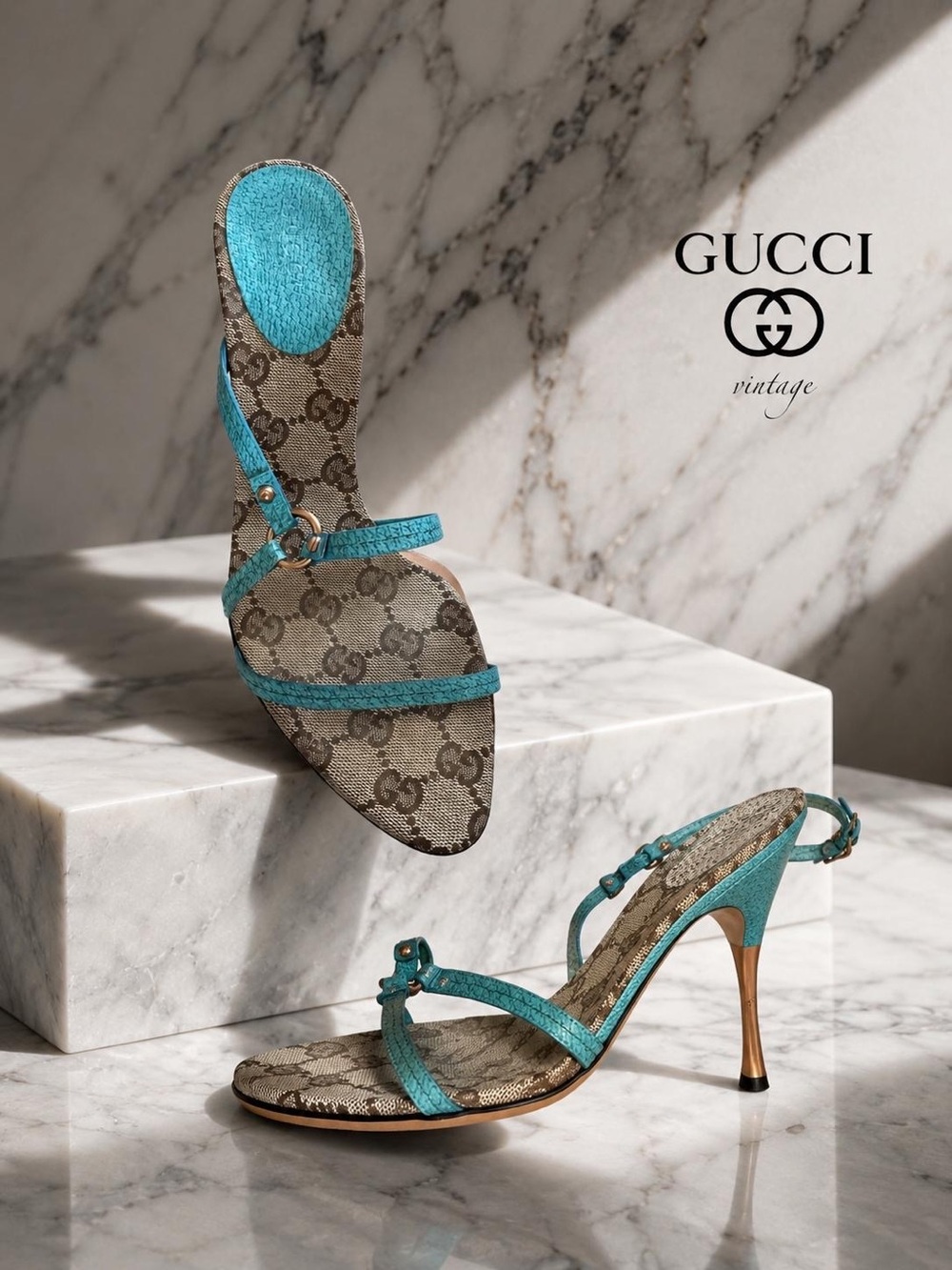Gucci vintage used Turquoise GG Monogram Strappy Heel Sandals good